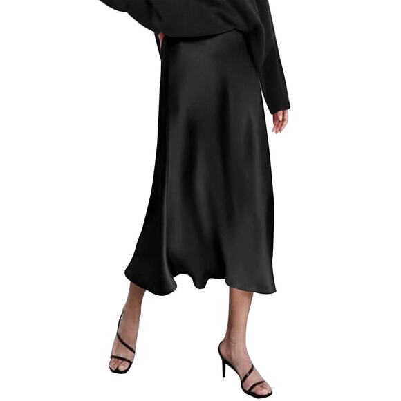 Zeagoo Black Classic Minimalist Satin Slip Blogger Midi Skirt Size XS - Picture 1 of 8